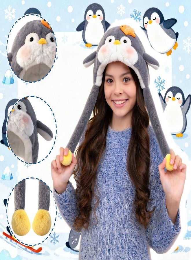 Croknit 2pcs Animal Hat with Ears Moving Gift for Christmas Jumping Pop up Beating Hat Cartoon Cosplay Dress up(2,Penguin) - Image 2